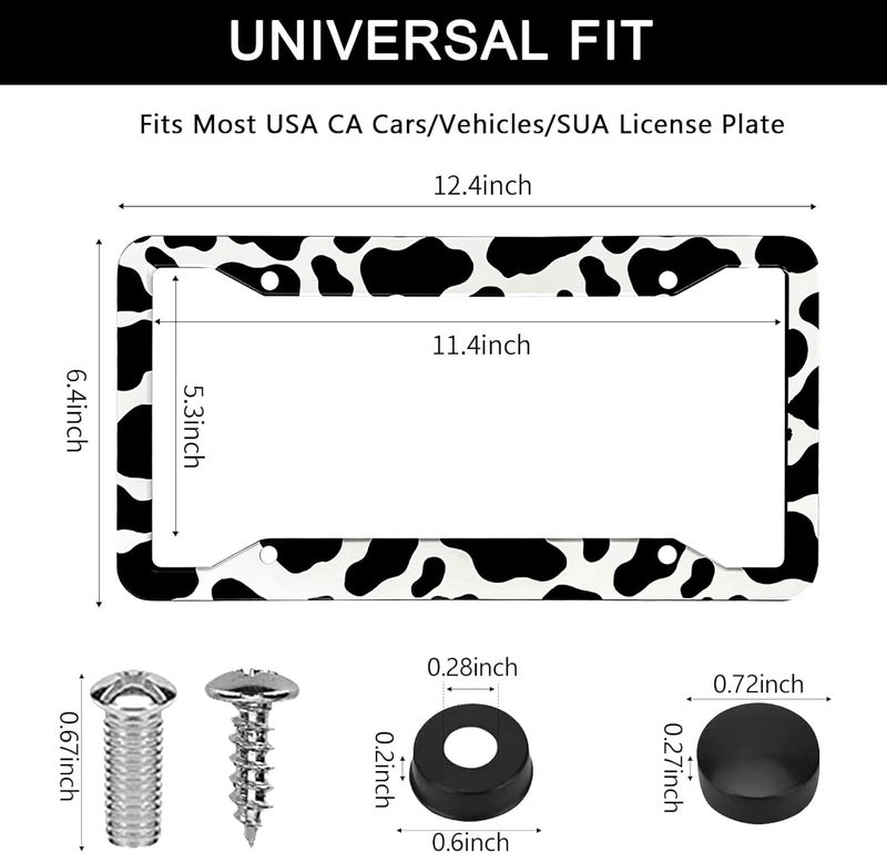 LIN KANG Cow Print License Plate Frame - 2 Pack Cute Animal Cow White Black Spot Tags Frames Holder Covers, Car Decorative Tag Frames for Standard US Canada License Plate Holder 4 Holes 12x6 Inch - Image 2